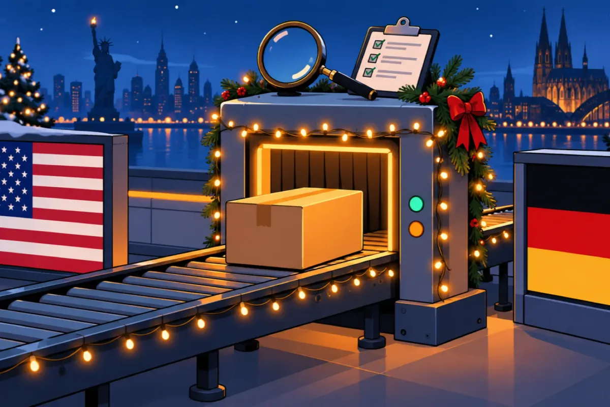 A cardboard parcel on a conveyor passing under a winter-lit inspection gate from a United States flag panel toward a German flag panel, a clipboard resting on the gate.