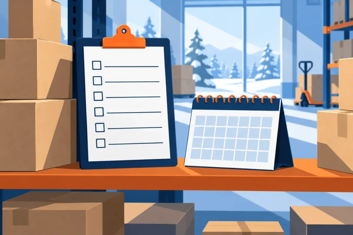 A clipboard holding a Q4 holiday checklist card with blank wordless check rows on a warehouse shelf between stacked parcels, a small desk calendar beside it.